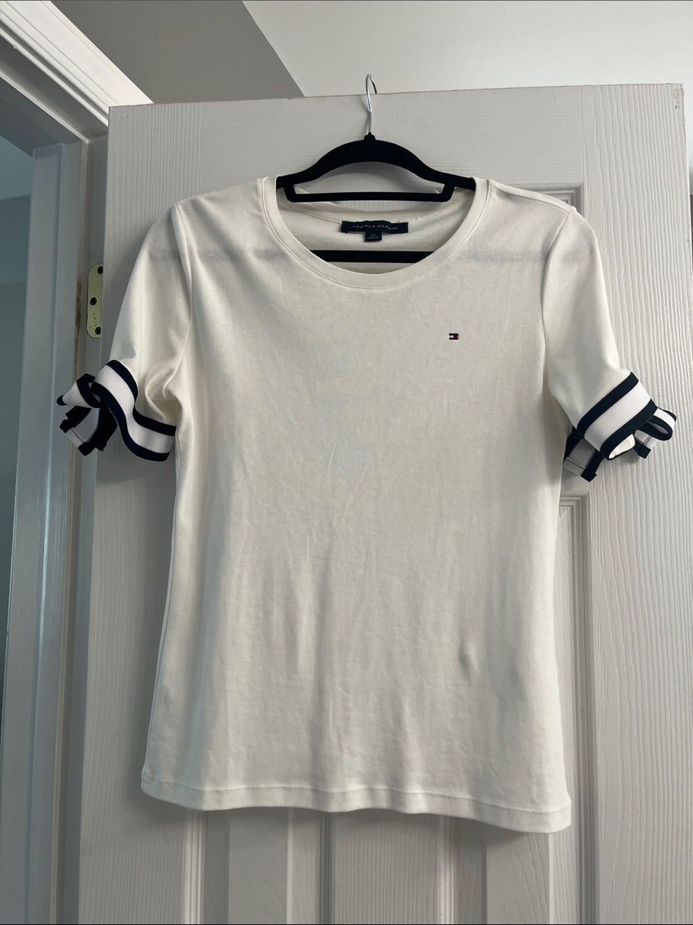 Tommy Hilfiger White Tee with Navy Stripe Ruffle Sleeves